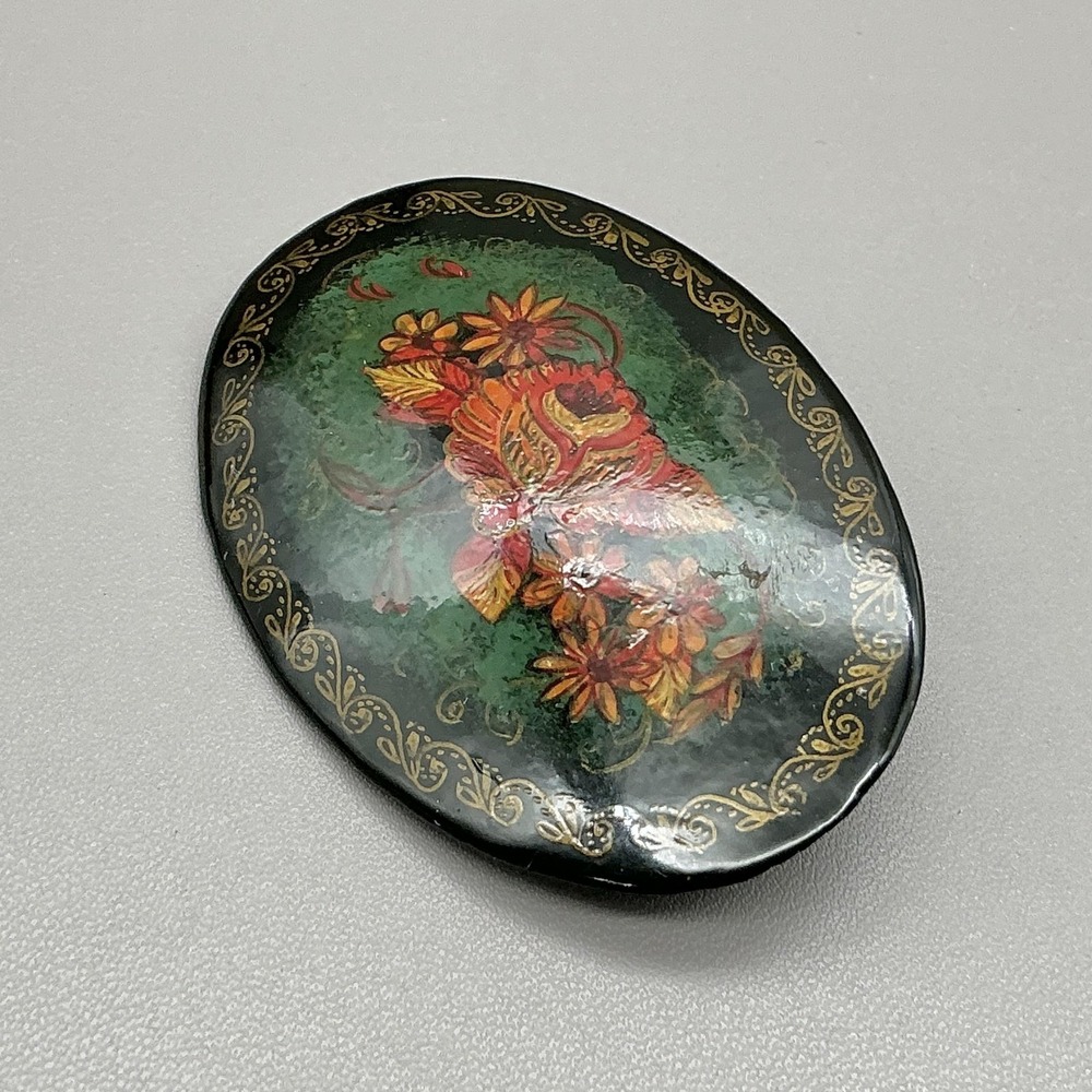 Vintage Russian Brooch Green Floral Pin Hand Painted Lacquer Artist Signed 2"